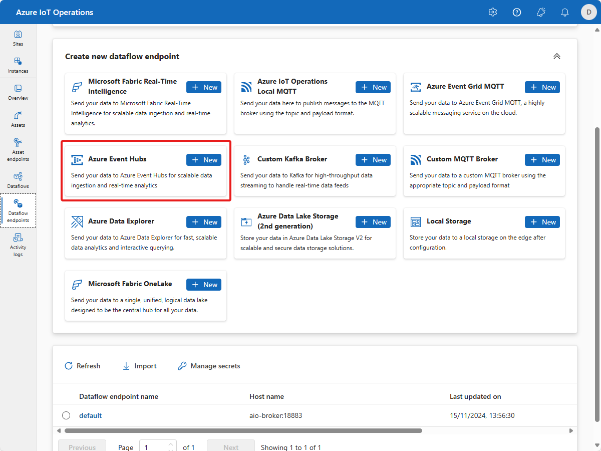 Screenshot of the Dataflow endpoints page.