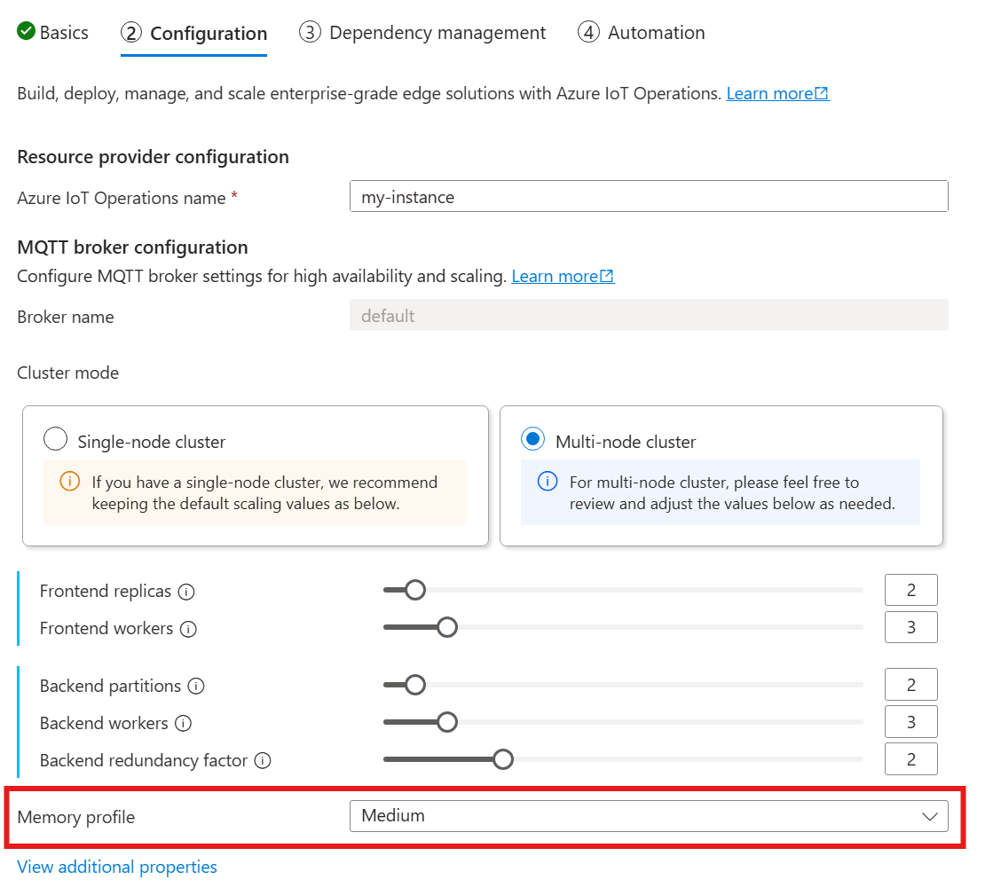 Screenshot showing in Azure portal where to configure memory profile.