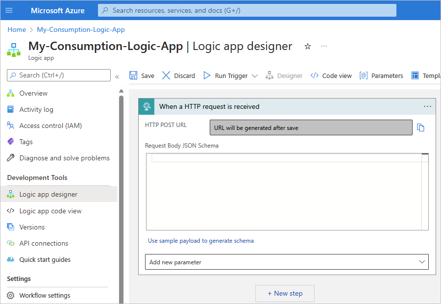 Screenshot shows Consumption workflow with Request trigger.