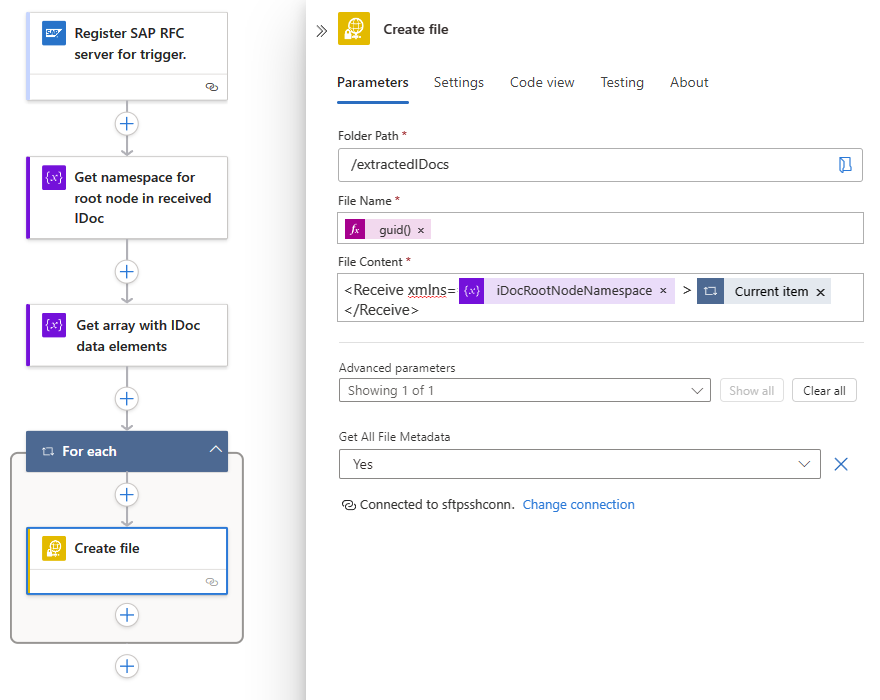 Screenshot shows workflow that sends an IDoc to an SFTP server.