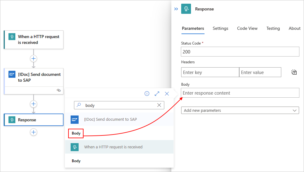 Screenshot shows Standard workflow, Response action, dynamic content list, and selected Body output from SAP action.