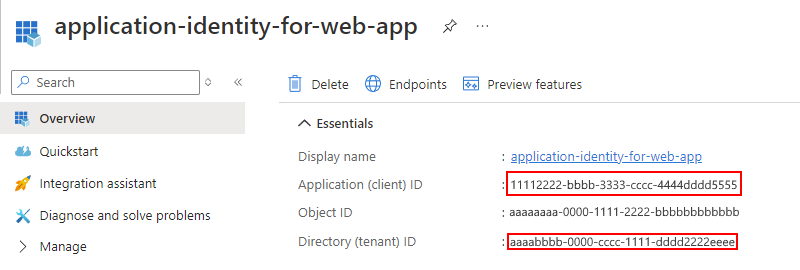 Screenshot showing application identity's 'Overview' pane open with 'Application (client) ID' value and 'Directory (tenant) ID' value underlined.