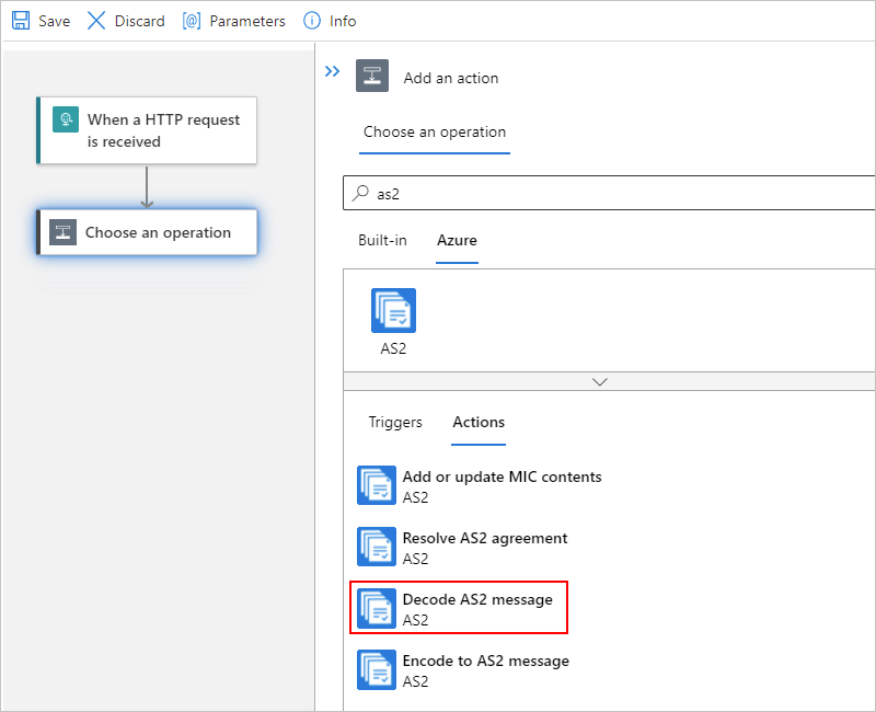 Screenshot showing single-tenant designer with the "Decode AS2 message" action selected.