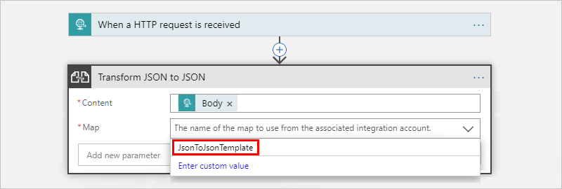 Screenshot showing Consumption workflow, Liquid action's "Map" property, and the selected template.