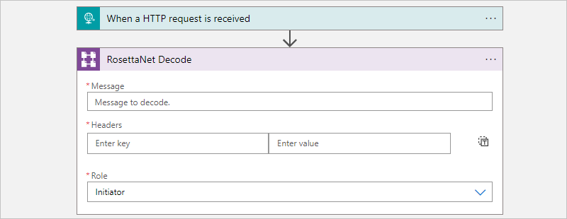 Screenshot of the RosettaNet Decode action where boxes are available for the message, the headers, and the role.