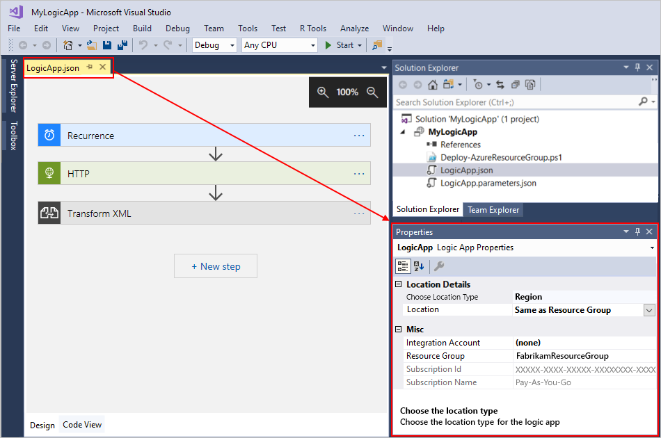 Screenshot shows Properties window and properites named Choose Location Type and Location.