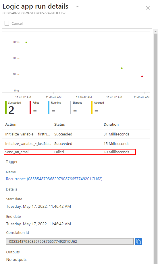 Screenshot showing the "Logic app run details" pane with the example failed step selected.