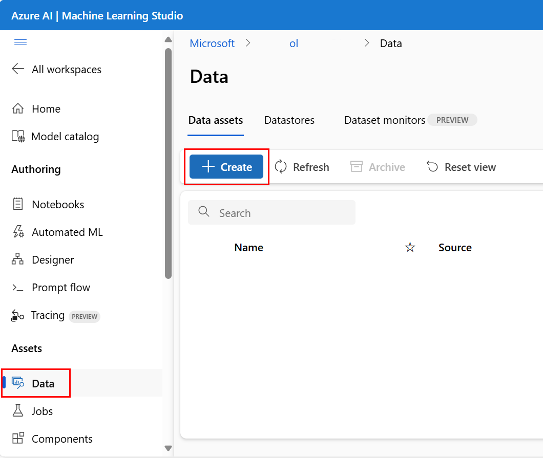 Screenshot highlights Create in the Data assets tab.