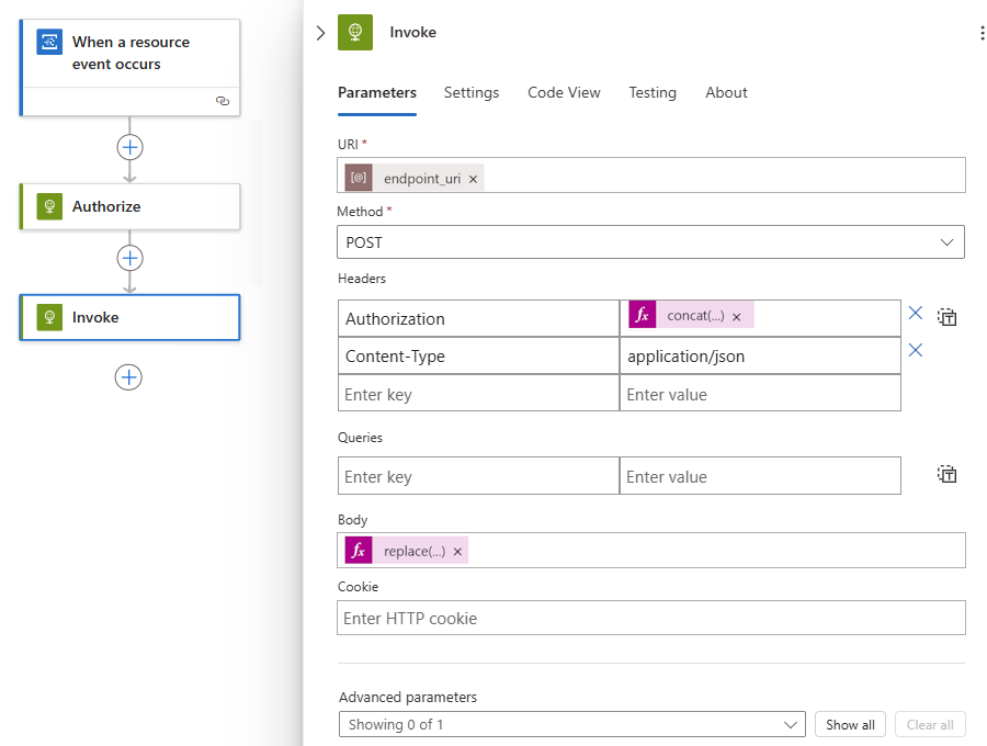 Screenshot shows sample Invoke action in the logic app workflow.