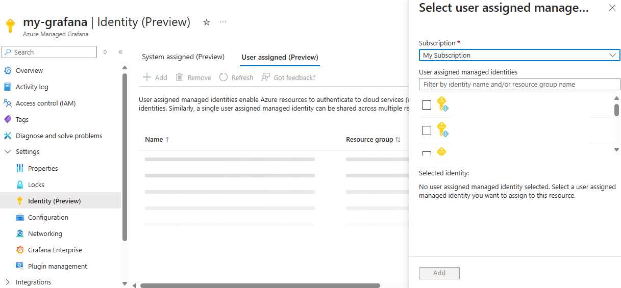 Screenshot of the Azure portal. Enabling a user-assigned managed identity.