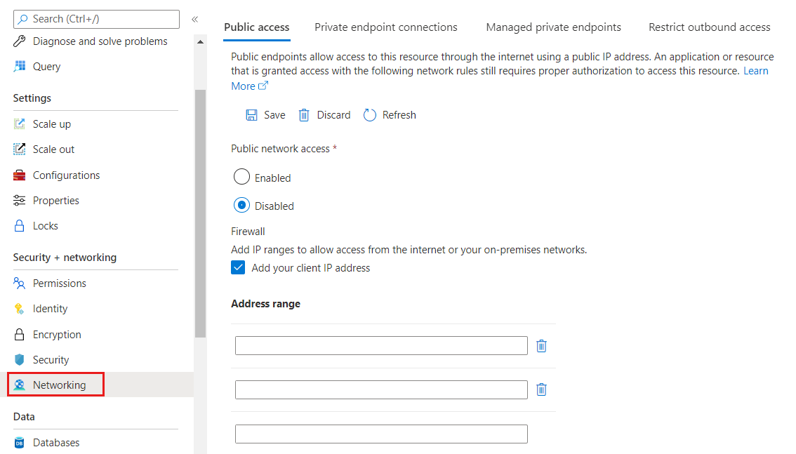 Screenshot of the Azure platform. Add Disable public network access.