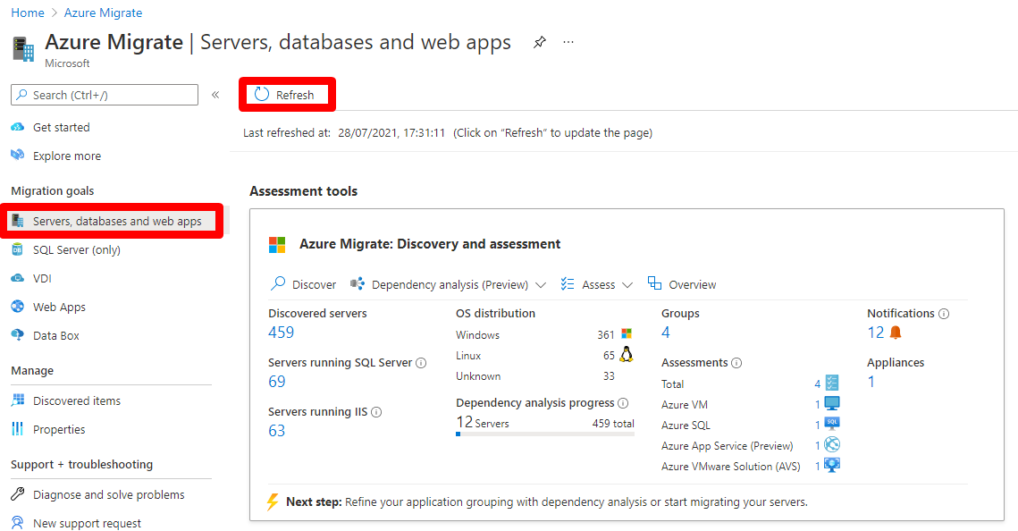 Screenshot that shows how to refresh data in discovery and assessment tile.