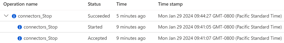 Screenshot of activity log showing chamber successfully stopped.