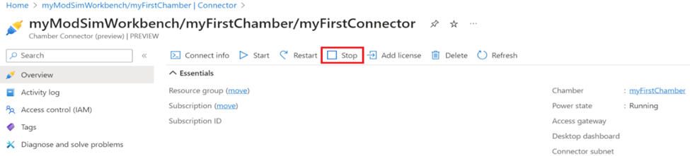 Screenshot of connector action bar with Stop button highlighted in red.