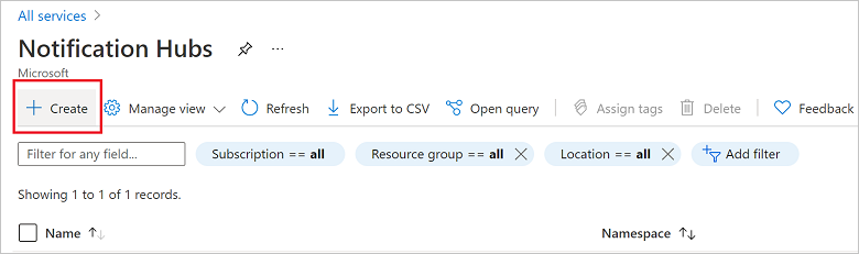A screenshot showing how to create a new notification hub.