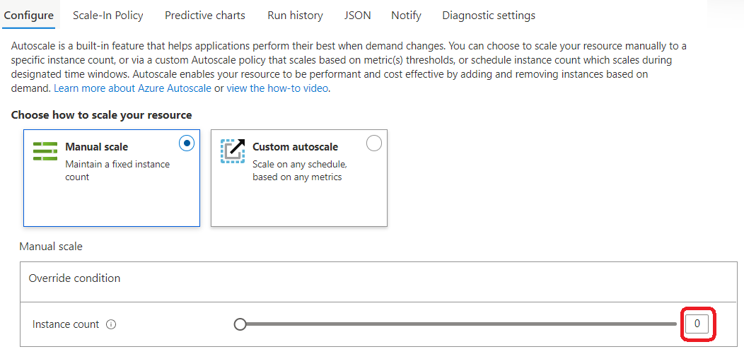 Screenshot showing how to set Virtual Machine Scale Set instance count to 0.