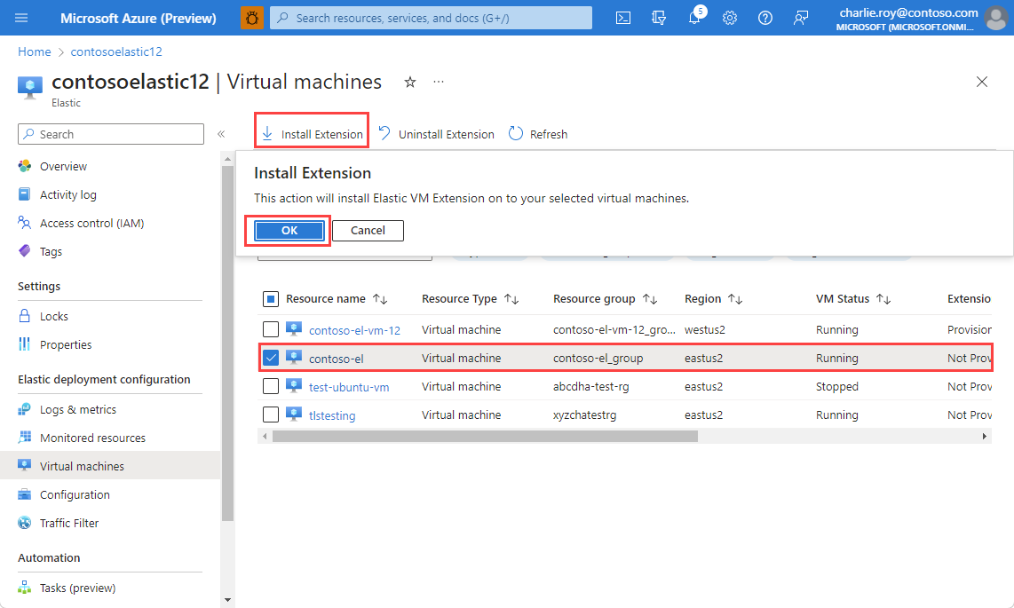 Screenshot showing a virtual machine selected for an installation of the Elastic VM extension.