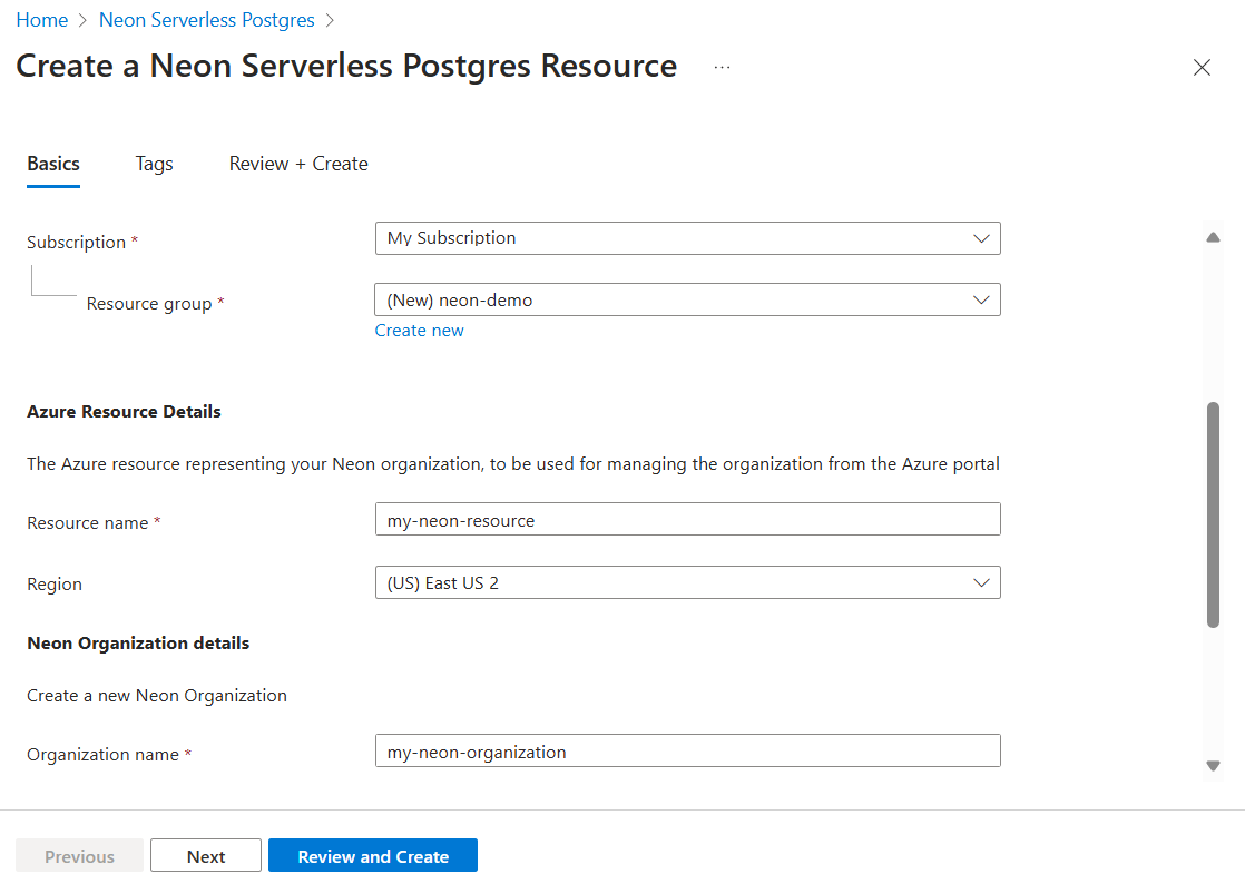 Screenshot from the Azure portal showing the Basics tab to create a new Neon resource.