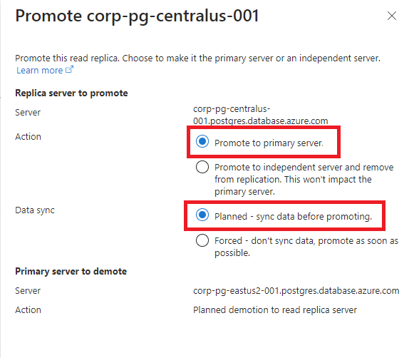 Screenshot of selecting to promote for a replica.