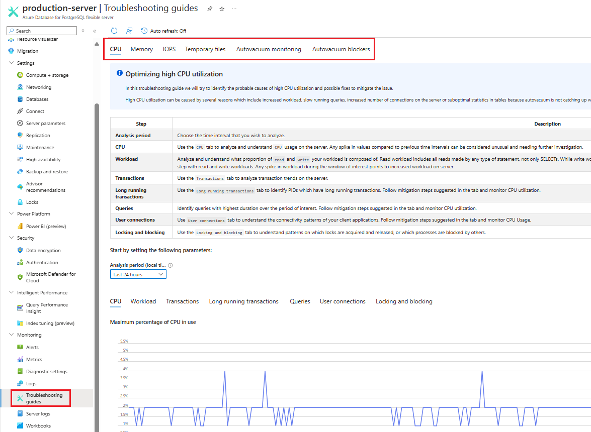 Screenshot of Troubleshooting guides - tabular view.