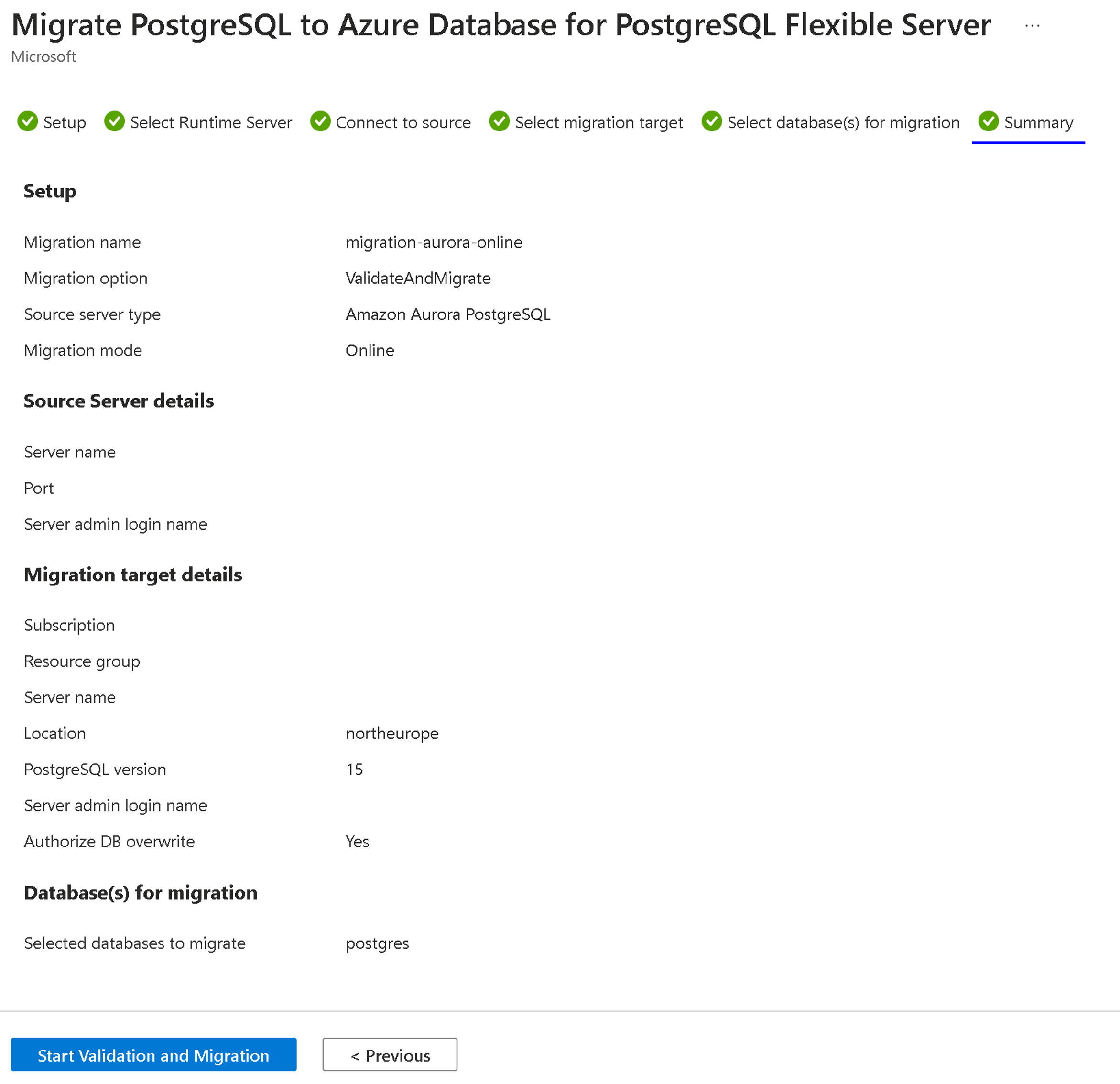 Screenshot of the migration Summary tab.