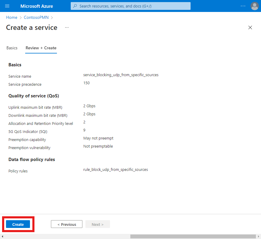 Screenshot of the Azure portal. It shows the Review and create tab with complete configuration for a service for traffic blocking.