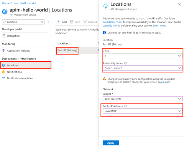 Screenshot that shows selections to migrate existing location of API Management instance (stv2 platform) that's injected in a virtual network.