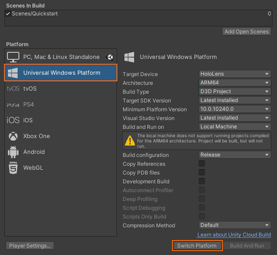 A screenshot showing the Build Menu with the settings set for a UWP build in Unity 2020.