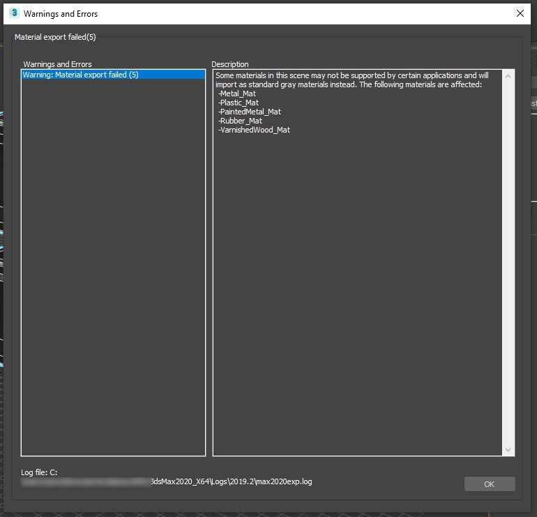 Screenshot that shows Material export failed warning.