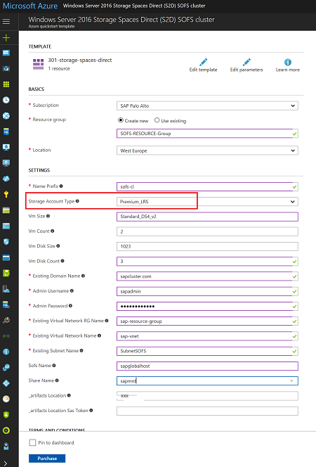 Figure 2: UI screen for the Scale-Out File Server Azure Resource Manager template without managed disks