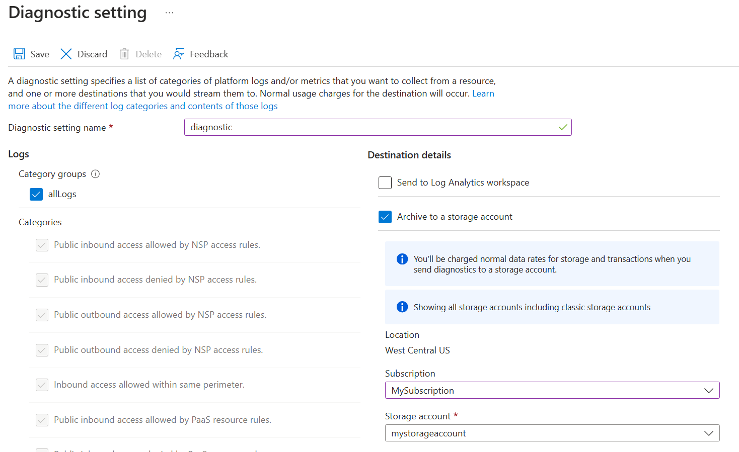 Screenshot of a filled out diagnostic settings in the network security perimeter portal.