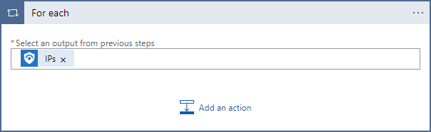 Screenshot shows how to add a for-each loop action to a playbook in order to perform an action on each discovered IP address.