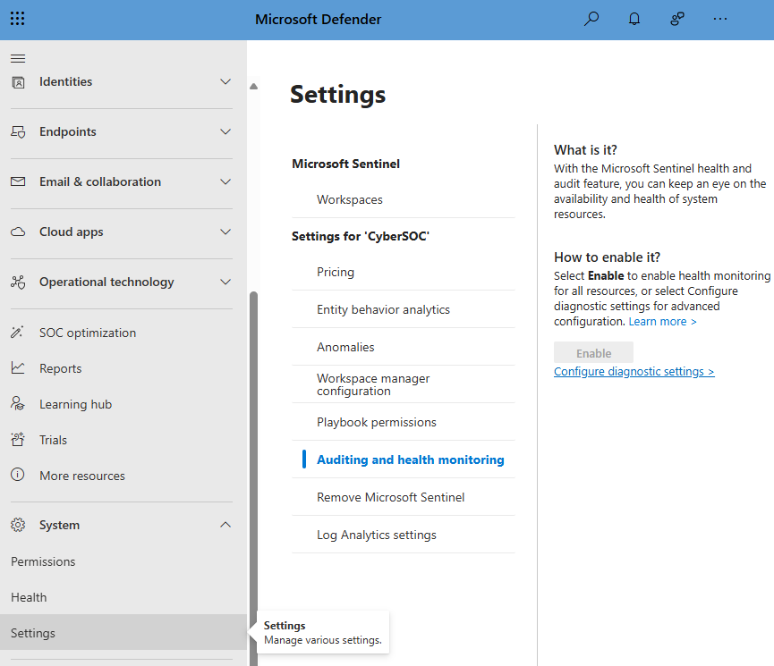 Screenshot shows how to get to the health monitoring settings in the Defender portal.