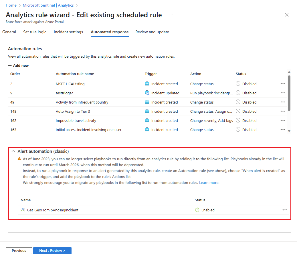 Screenshot of automation rules and playbooks screen.