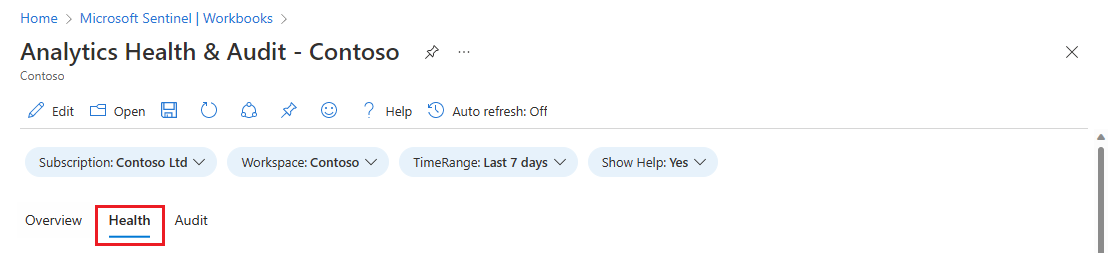 Screenshot of selection of health tab in analytics health workbook.