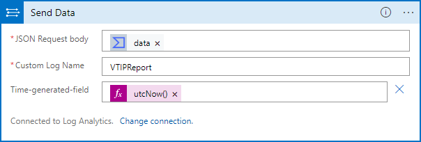 Screenshot shows the action to send a Virus Total report record to a table in Log Analytics.