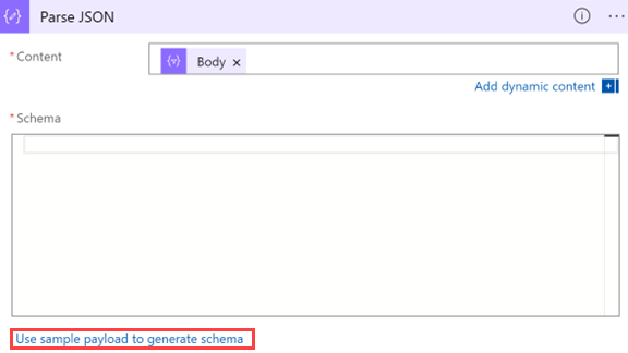 Screenshot of selecting Use sample payload to generate schema.