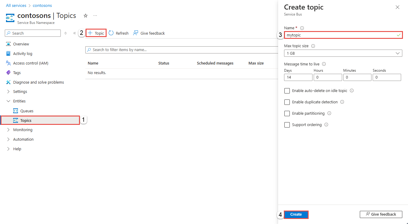 Screenshot that shows the Create topic page in the Azure portal.