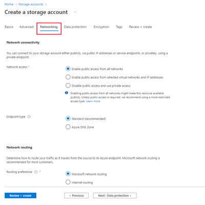 Screenshot showing a standard configuration for a new storage account - Networking tab.