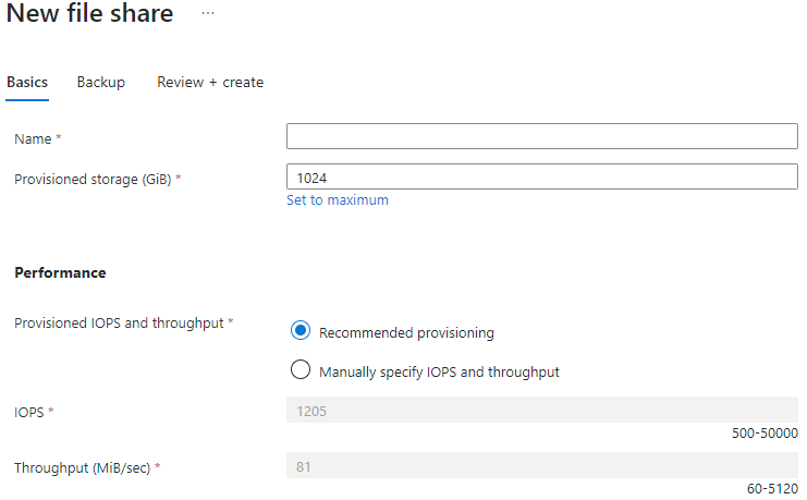 A screenshot of the basics tab in the new file share blade (provisioned v2).