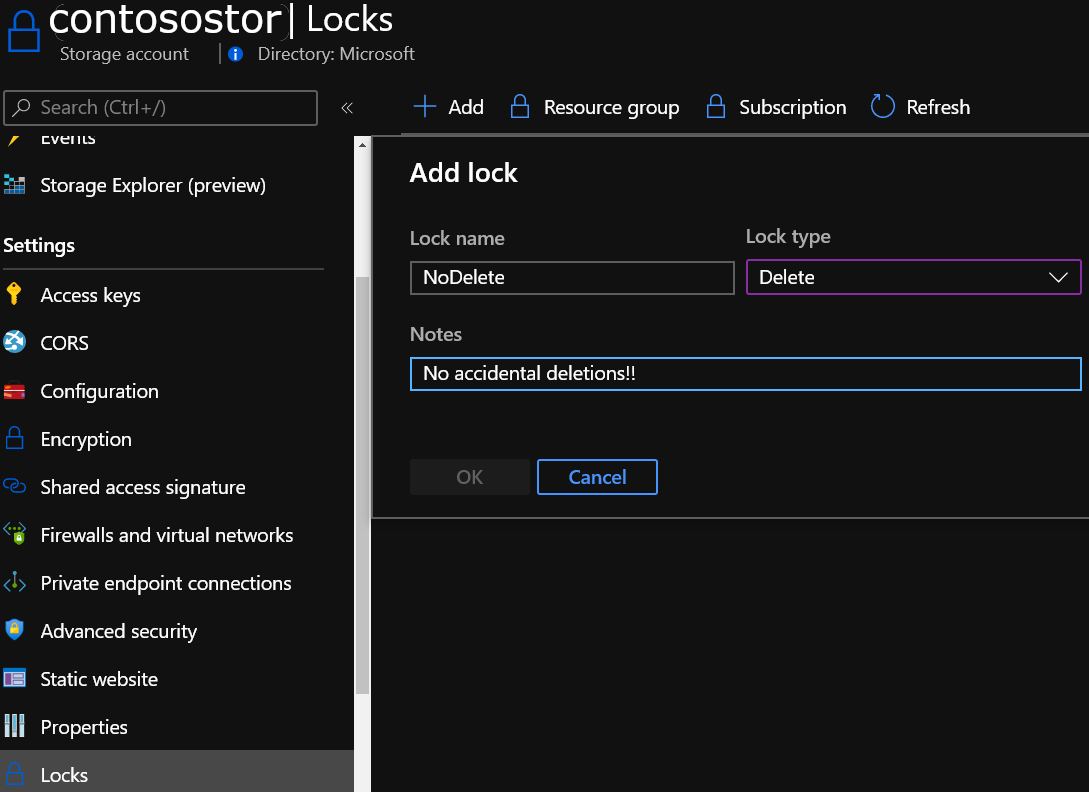 Shows setting a delete lock in the portal.