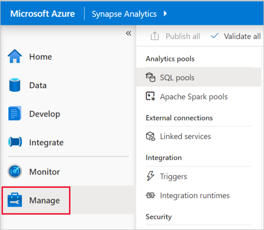 Synapse Studio click manage.