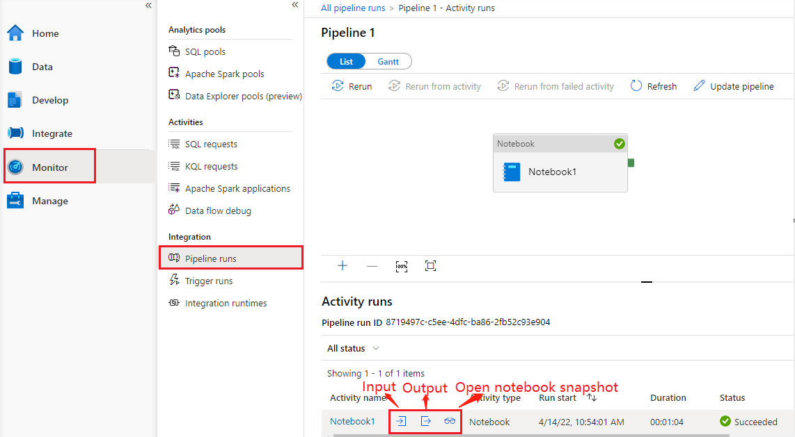 Screenshot that shows the notebook activity history.