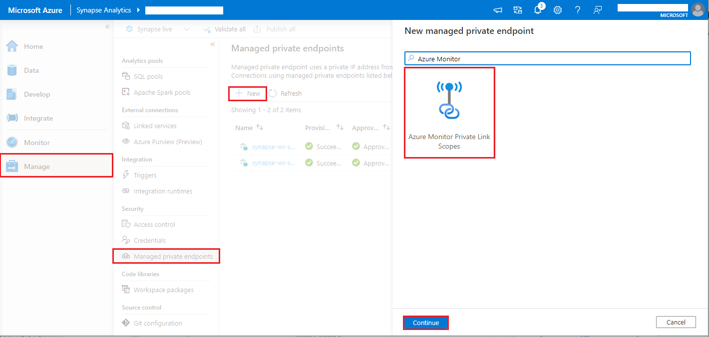 Screenshot of create AMPLS managed private endpoint 1.