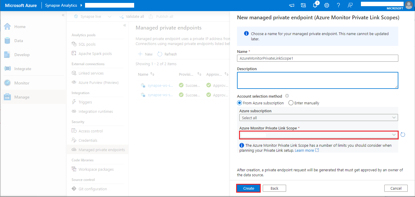 Screenshot of create AMPLS managed private endpoint 2.