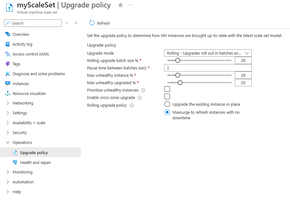 Screenshot showing changing the upgrade policy and enabling MaxSurge in the Azure portal.