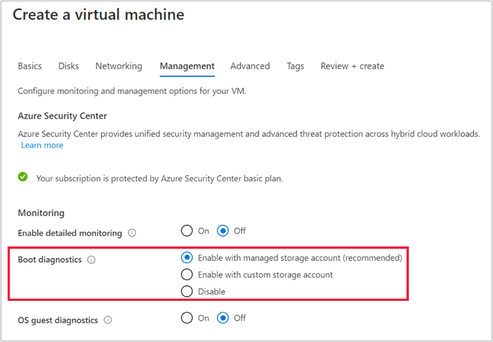 Screenshot enabling managed boot diagnostics during VM creation.