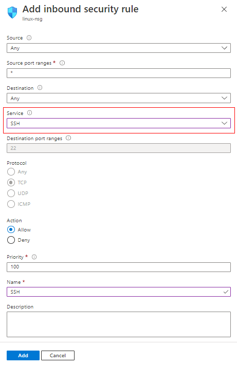 Screenshot showing where to choose S S H when creating a new N S G rule.