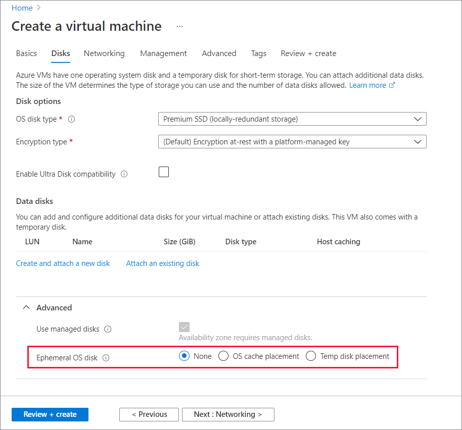 Screenshot showing the radio button for choosing to use an ephemeral OS disk