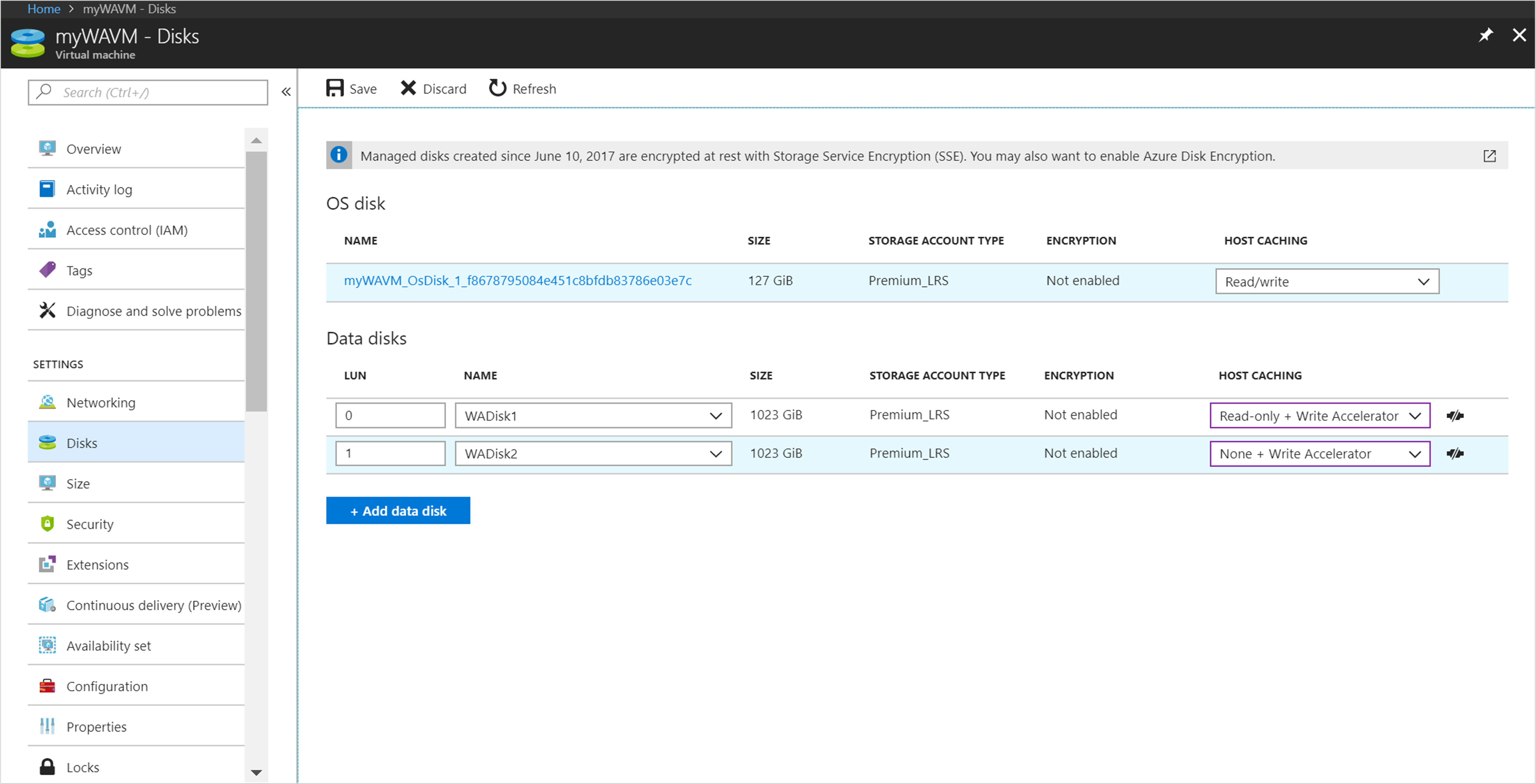 Write Accelerator on the Azure portal